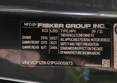 2023 Fisker Ocean One from USA, damaged, VIN VCF1ZBU21PG005873